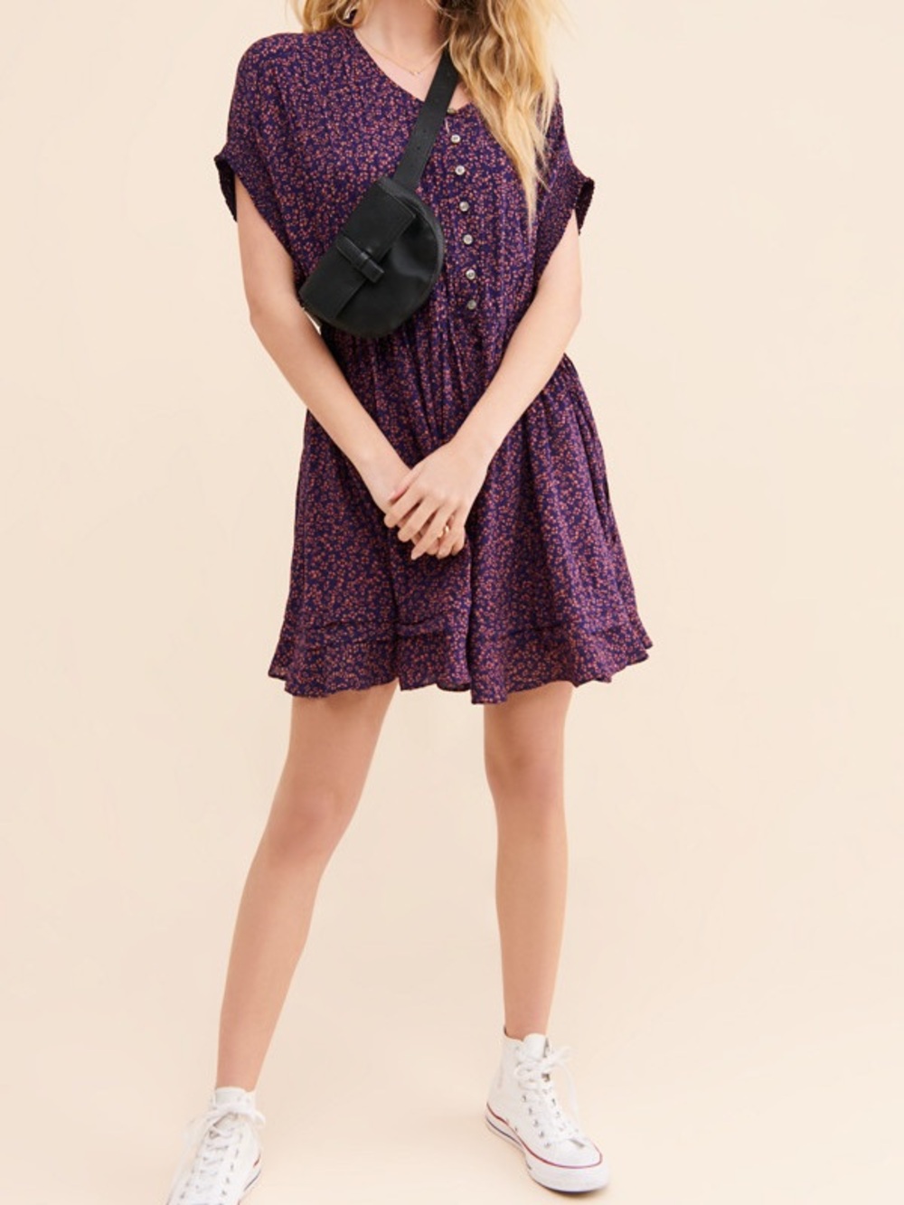 Free People Purple Floral Button-Front Mini Dress